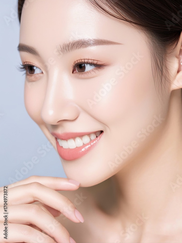 Close-up of a smiling individual with clear skin and natural makeup, touching their chin gently.