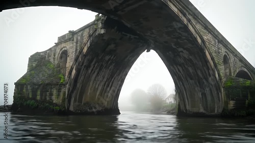 Scenic footage of an ancient stone bridge gracefully arching over a calm river in dense fog