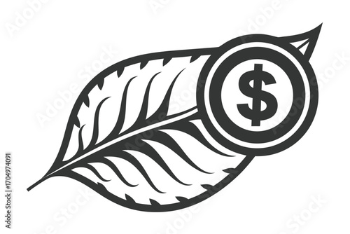Dark money coin blends seamlessly into a leaf illustration gracefully