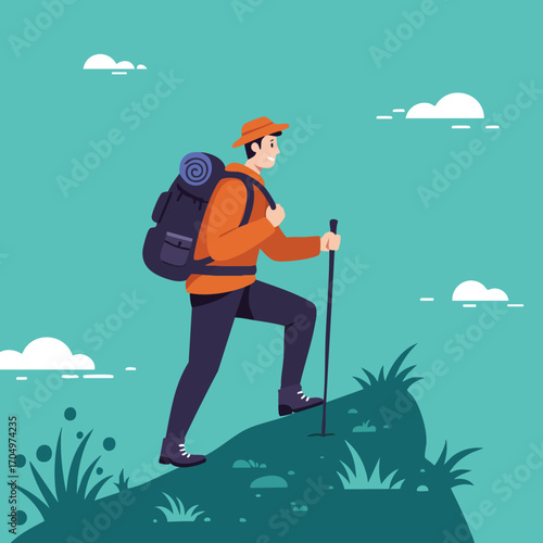 Hiker with backpack and walking stick climbing hill in outdoor adventure nature exploration vector illustration 