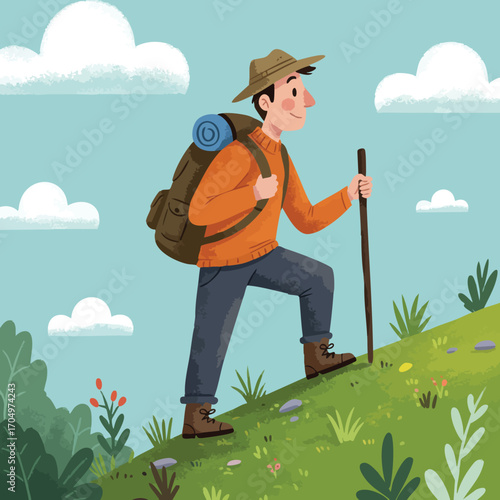 Male hiker trekking uphill with backpack and walking stick enjoying outdoor nature adventure in daylight 