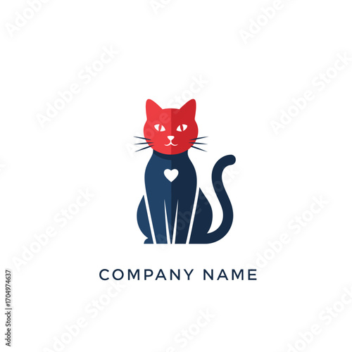 Stylized Cat Logo with Heart, Red Head, Navy Body, and Curled Tail.
