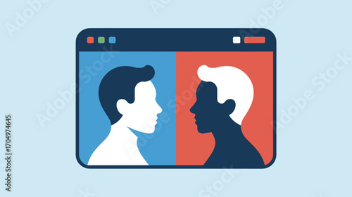 Illustration of two silhouetted faces facing each other within a computer screen interface design