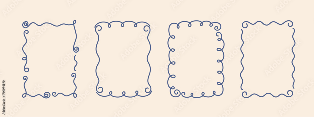 Hand-drawn coquette wavy frames set, squiggle curly swirl tied bow borders, ribbons cadre vintage modern vintage whimsical edgings elements, elegant trend stamps flirting girly style design. Isolated.