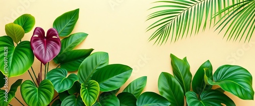 Lush monstera & palm leaves frame beige textured backdrop, abstract, exotic