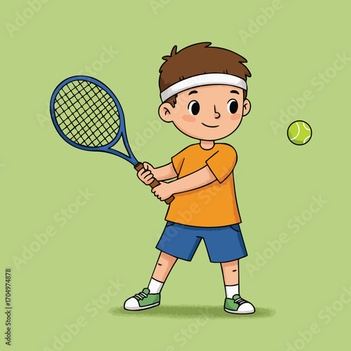 Boy playing tennis with racket and ball in casual sportswear on green background vector illustration 