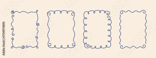 Hand-drawn coquette wavy frames set, squiggle curly swirl tied bow borders, ribbons cadre vintage modern vintage whimsical edgings elements, elegant trend stamps flirting girly style design. Isolated.