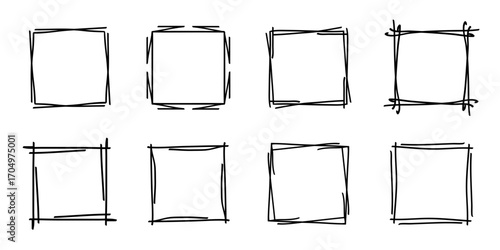 Square doodle stamp frames, hand-drawn wavy curly monograms. Edgings and cadres with simple sketchy scribble swirl design elements. Isolated. Vector illustration.