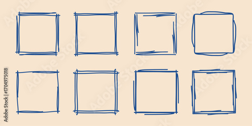 Square doodle stamp frames, hand-drawn wavy curly monograms. Edgings and cadres with simple sketchy scribble swirl design elements. Isolated. Vector illustration.