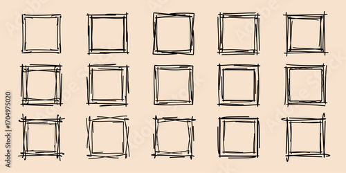 Square doodle stamp frames, hand-drawn wavy curly monograms. Edgings and cadres with simple sketchy scribble swirl design elements. Isolated. Vector illustration.