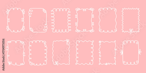 Hand-drawn coquette wavy frames set, squiggle curly swirl tied bow borders, ribbons cadre vintage modern vintage whimsical edgings elements, elegant trend stamps flirting girly style design. Isolated.