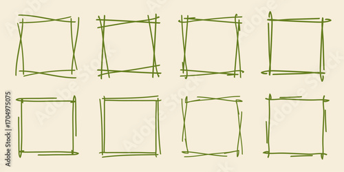 Square doodle stamp frames, hand-drawn wavy curly monograms. Edgings and cadres with simple sketchy scribble swirl design elements. Isolated. Vector illustration.