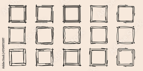 Square doodle stamp frames, hand-drawn wavy curly monograms. Edgings and cadres with simple sketchy scribble swirl design elements. Isolated. Vector illustration.
