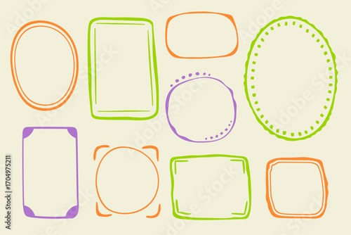 Wavy stamp frame set, vector hand drawn curved borders, abstract wiggle empty wavy curly monograms cadres kit. Minimalist squiggle scribble swirl design elements. Isolated. Vector illustration.