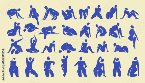 Woman contemporary abstract figures silhouette, hand drawn cut out feminine form different poses. Flat collage mid-century style, applique unique design, female shape poster, decorative art. Isolated.