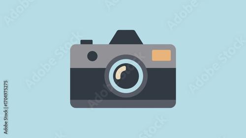 A simple illustration of a camera with a gray body and a black lens on a light blue background