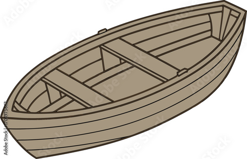 Vector art of a simple brown rowboat with wooden seats, isolated on a