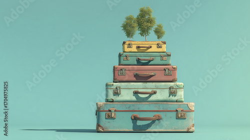 Tiny Green Trees Sprout From A Pile Of Old Suitcases In This Whimsical Image