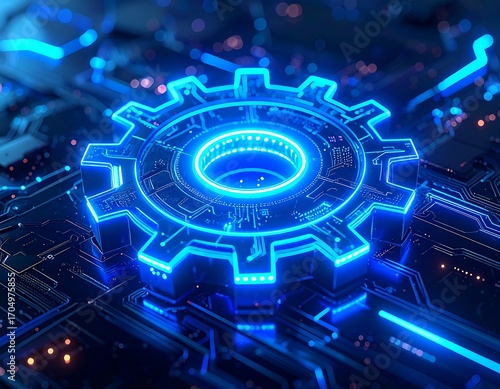Futuristic Gear Blue Glowing Technology and Digital Engineering