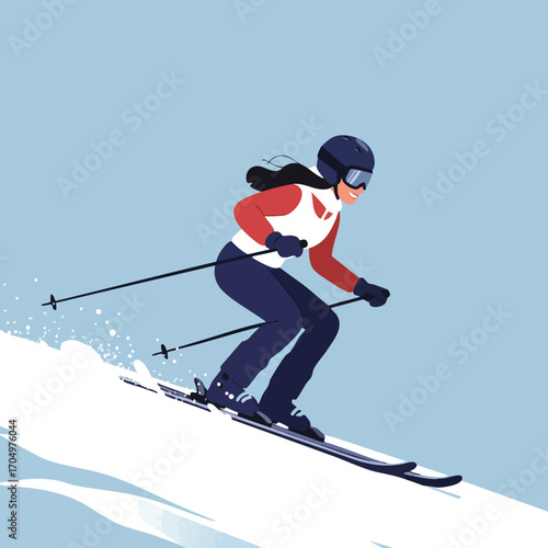 Skier wearing helmet and goggles skiing downhill on snowy slope in winter outdoor activity scene 