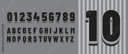 Modern Jersey number 10 and jersey number typography, Bold 3D black and gray alphabet and numbers font set with modern shadow effect, perfect for headlines and graphic design