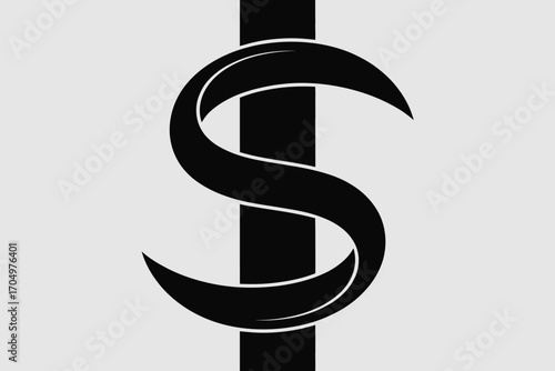 A stylized dollar sign in black with a vertical bar on a light gray background illustration