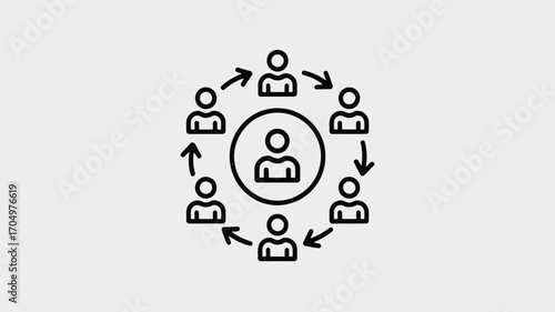 Illustration of a group of people icons surrounding a central figure with circular arrows around them