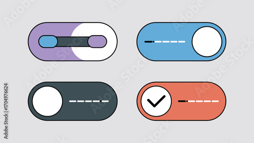 Illustration of four toggle switches in different states and colors on a light gray background