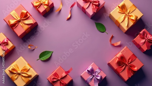 Elegant gift boxes, ribbon accents, seamless pattern, purple, present