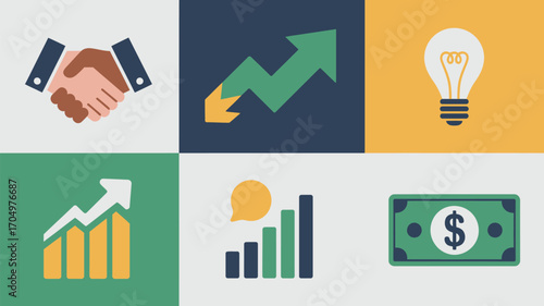 A flat design collage featuring a handshake, an upward trending arrow, and a lightbulb illustration
