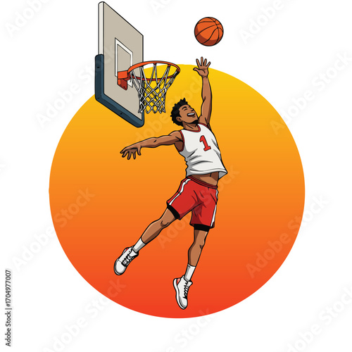 Basketball player performing slam dunk with orange basketball and sunset background vector illustration 