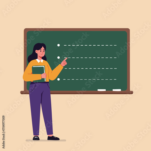 Female teacher pointing at blank chalkboard holding book in classroom vector illustration for education and learning concept