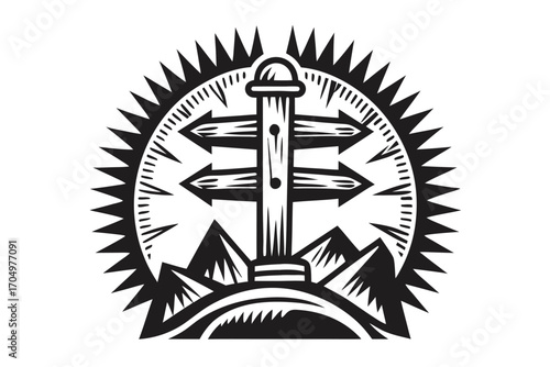 Directional arrows point from a central post within a sunburst and mountain landscape
