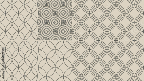A seamless pattern featuring interlocking circles and a square grid design in a neutral color palette