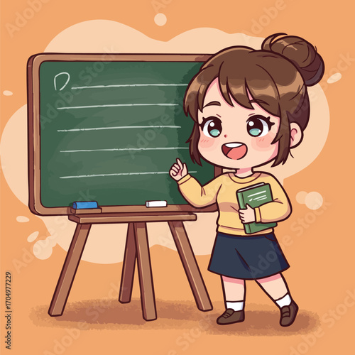 Young girl student standing near green chalkboard holding book in classroom vector illustration 