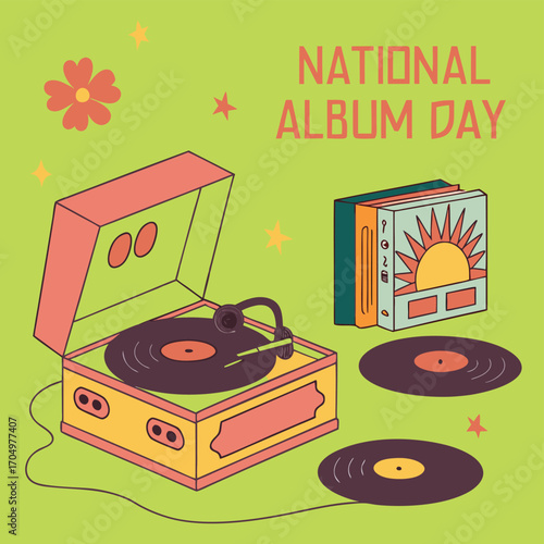 National album day celebration with vintage record player and vinyl records