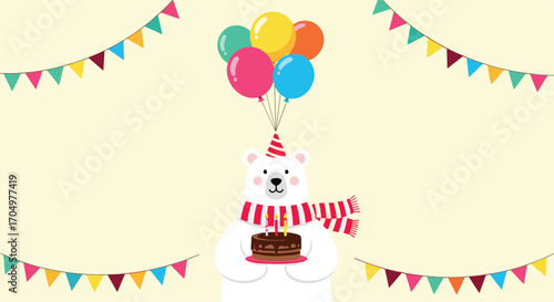 A cute bear with a birthday cake and balloons celebrates.