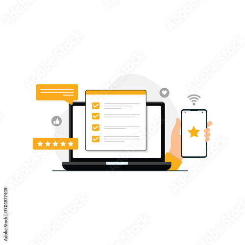 Online Customer Review on Laptop and Smartphone Vector Illustration. Feedback Survey Concept Design