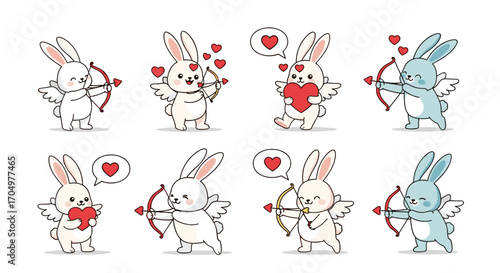 Cute cupid bunnies spreading love and hearts on valentine's day.