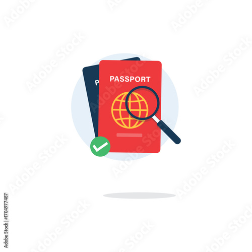 Passport with Magnifying Glass and Approved Icon Vector Illustration. Passport Check Concept Design