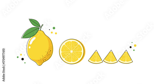 A whole lemon with leaves and a sliced lemon with wedges