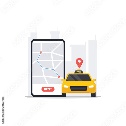 Phone with Navigation Map, Taxi Car, and Location Pin Vector Illustration. Rent a Taxi Concept Design