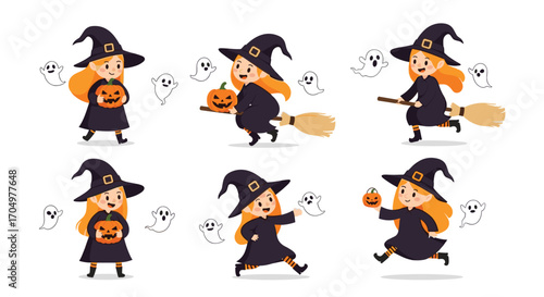 Cute little witches with pumpkins and brooms having fun on Halloween.