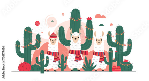 Three fluffy llamas in festive scarves and hats surrounded by cacti decorated with Christmas lights.