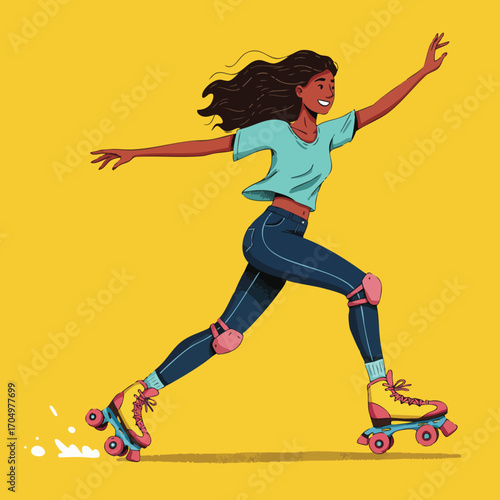 Young woman roller skating with protective gear on vibrant yellow background energetic activity vector illustration 