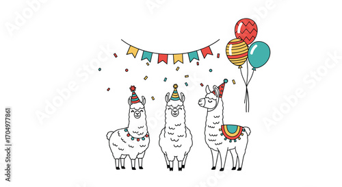 Three llamas celebrating a birthday party with balloons and bunting.