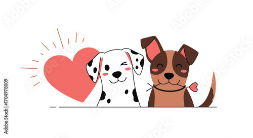 Two cute dogs sharing a heart-shaped treat.