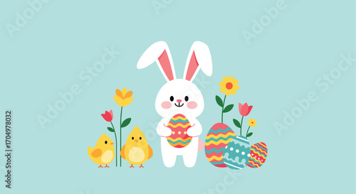 A cute white bunny holds an easter egg surrounded by baby chicks and blooming flowers.