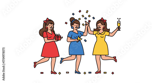 Three Women Celebrating with Confetti and Gifts.