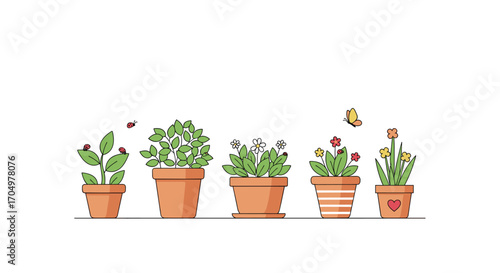 A collection of potted plants and garden decorations.